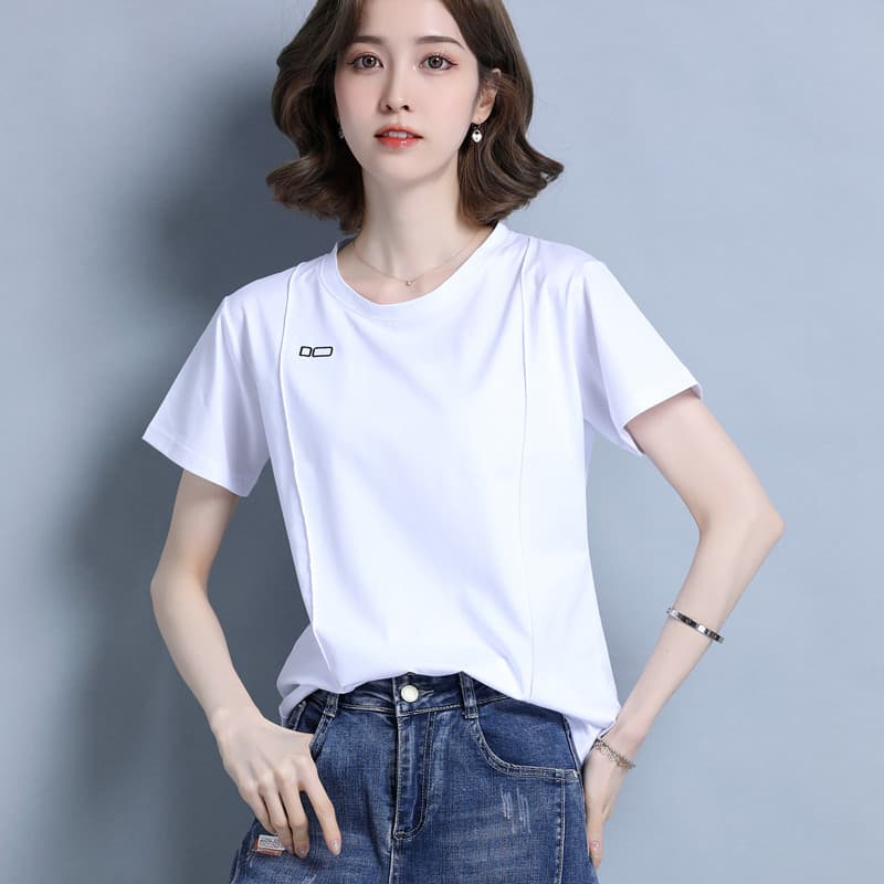 白Tシャツ レディース シンプル丸首ワンポイント半袖