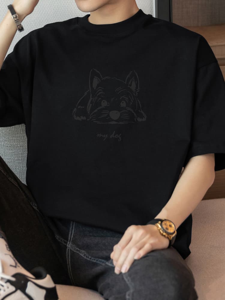 白Tシャツ メンズ 愛犬イラスト ゆったり半袖