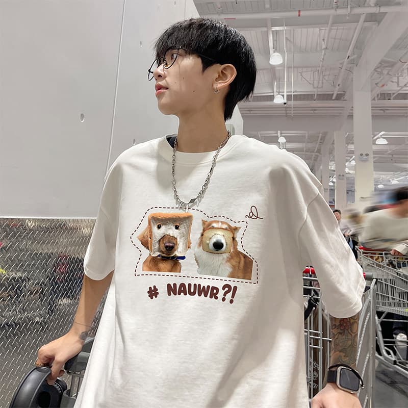 白Tシャツ メンズ パン顔わんこ ゆるプリント半袖