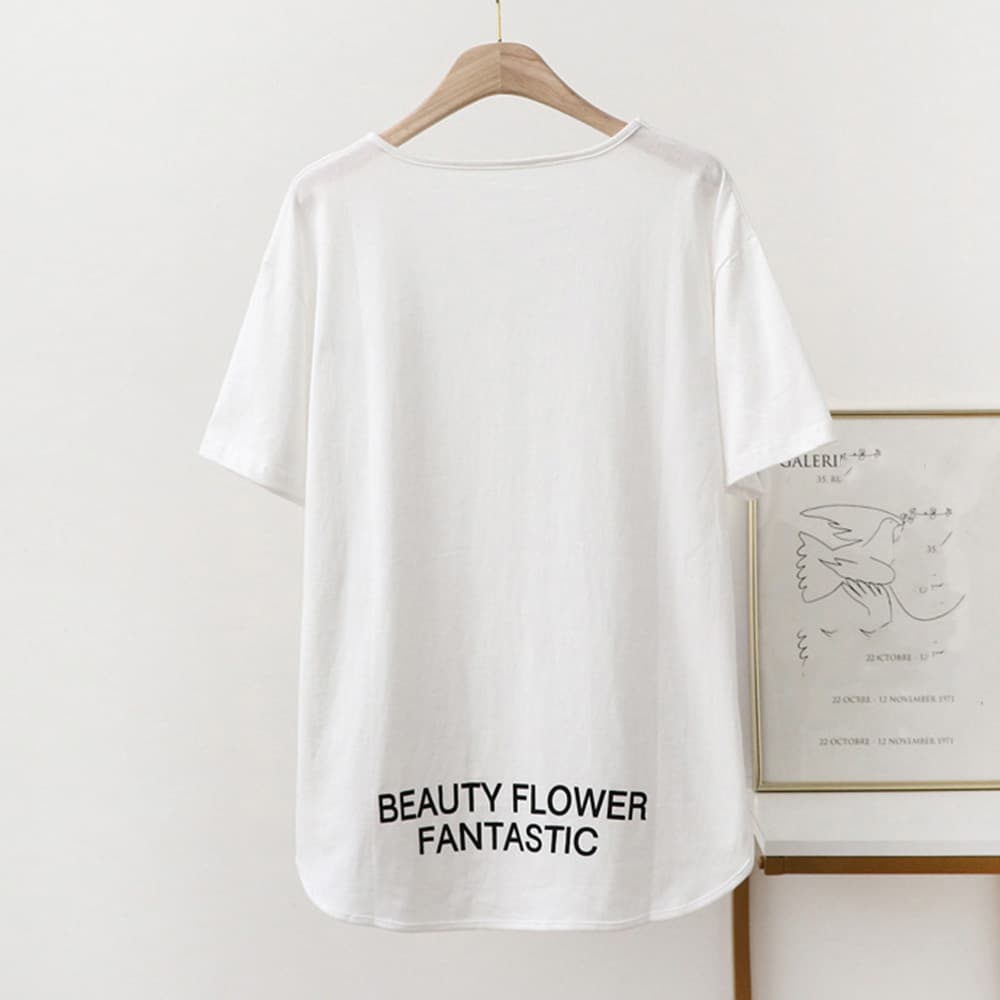 白Tシャツ 文字ロゴ白シャツ レディース サイドスリット韓国風