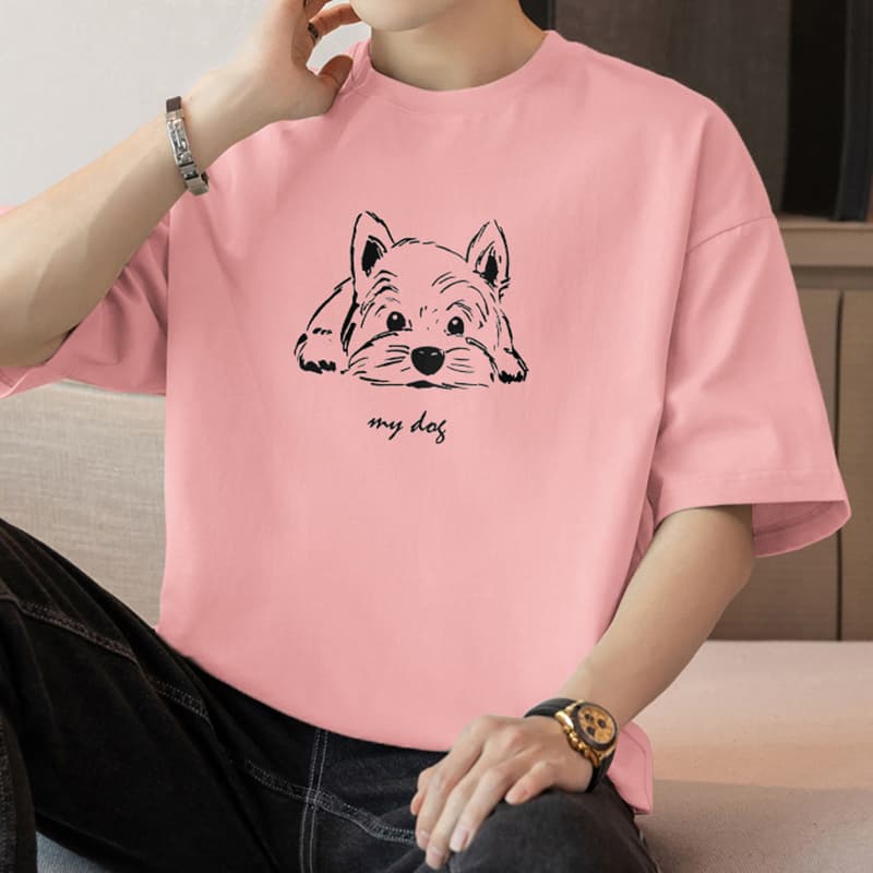 白Tシャツ メンズ 愛犬イラスト ゆったり半袖