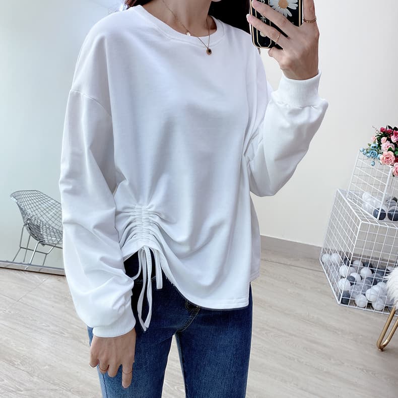 白Tシャツ 大人可愛い裾シャーリングレディース白ティーシャツ