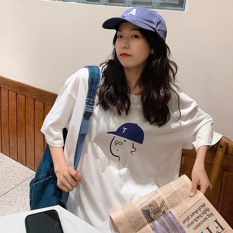 白Tシャツ レディース イラスト風帽子キャラクター七分袖