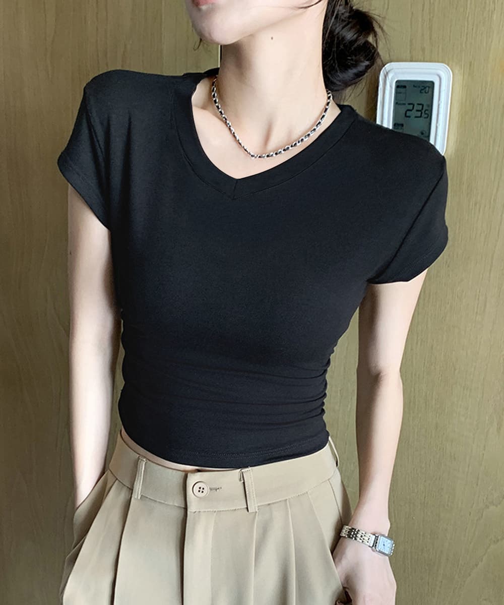 サイドギャザー半袖白Tシャツレディース