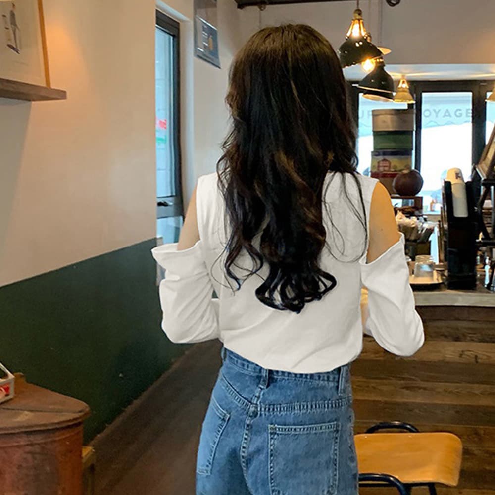 白Tシャツ 肩出し長袖カットソー レディース 白トップス