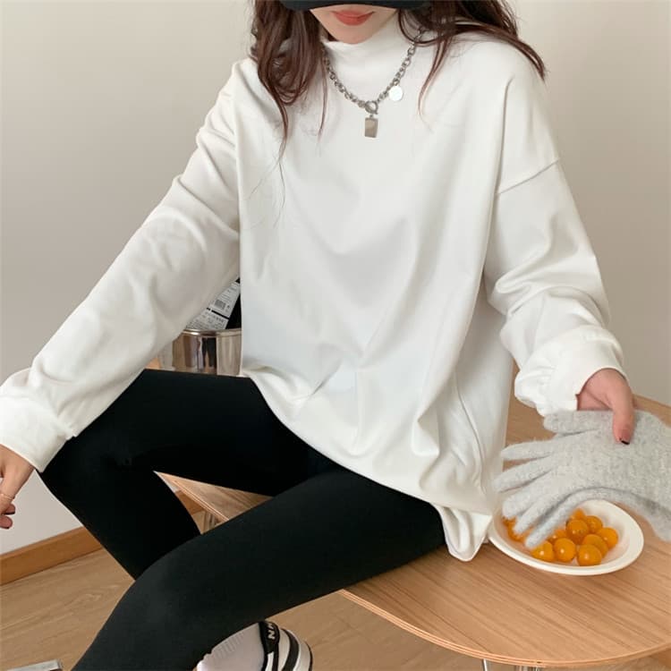 白Tシャツ 体型カバー白長袖タートルネックトップス