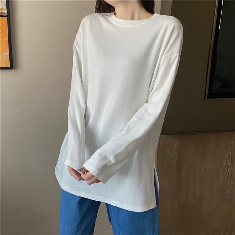 白Tシャツ レディース白長袖シャツ スリット入りロング丈カジュアルトップス