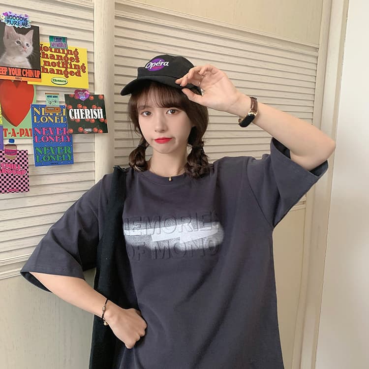 白Tシャツ プリントロゴ半袖白ティーシャツ体型カバーゆったり大きめサイズ