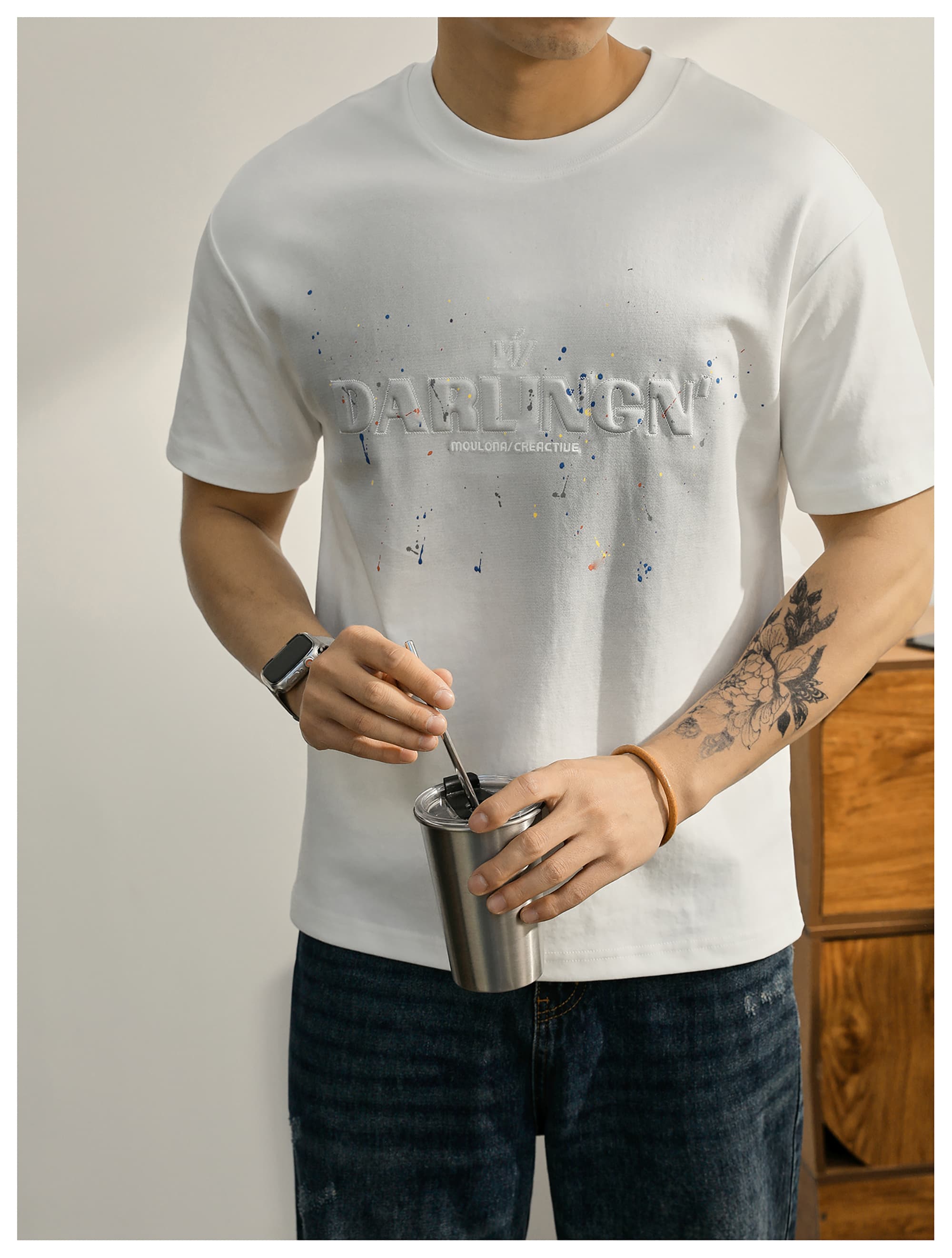 白Tシャツ メンズ 立体刺繍入り 飛沫模様カジュアル半袖