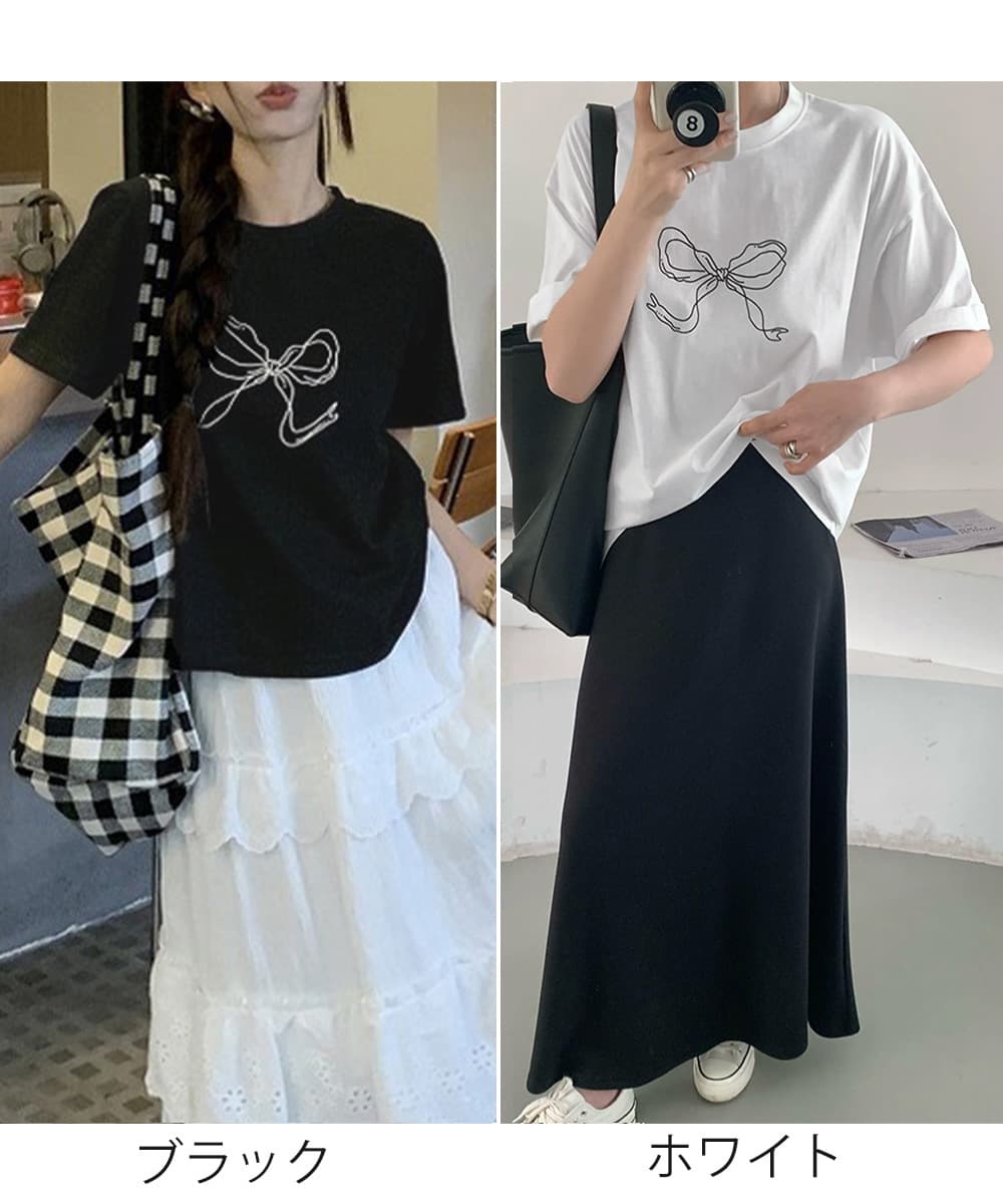 白Tシャツ リボンプリント半袖Tシャツ レディース 白T