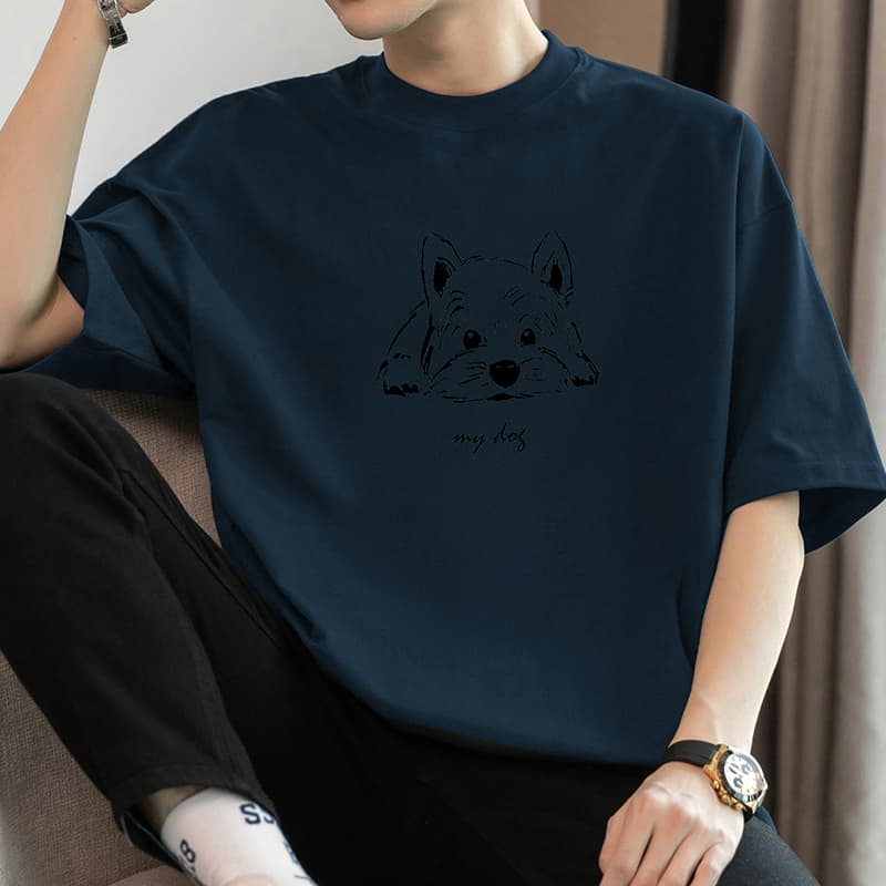 白Tシャツ メンズ 愛犬イラスト ゆったり半袖