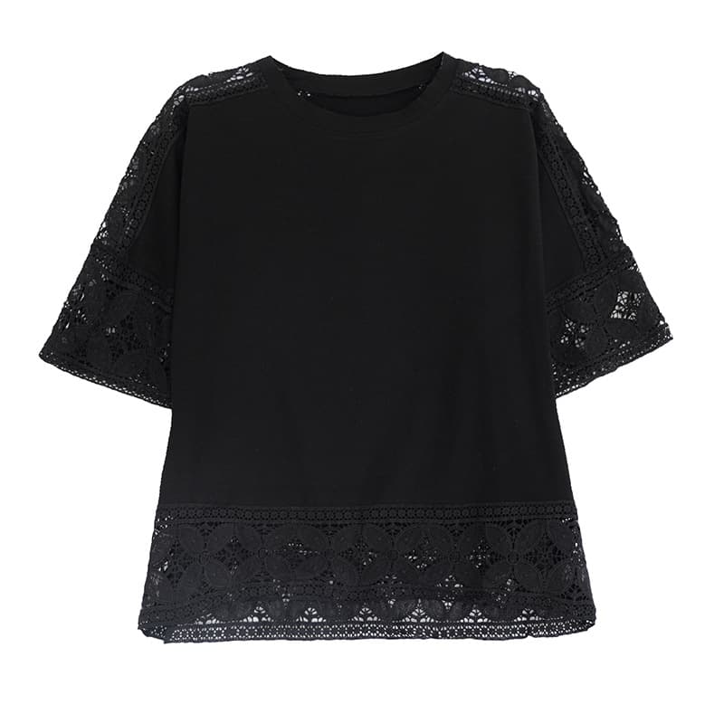白Tシャツ レディース透かし編みレーストップス五分袖白
