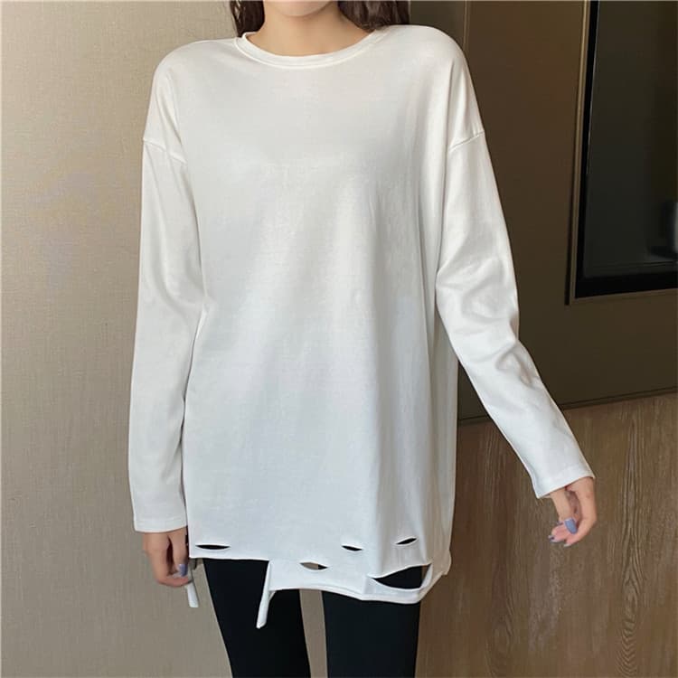 白Tシャツ レディース白長袖シャツ スリット入りロング丈カジュアルトップス