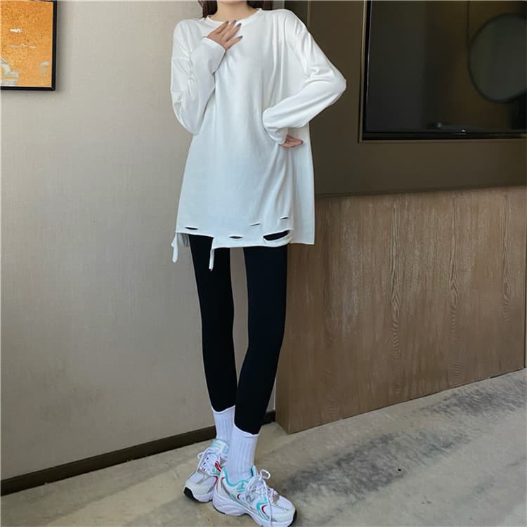 白Tシャツ レディース白長袖シャツ スリット入りロング丈カジュアルトップス