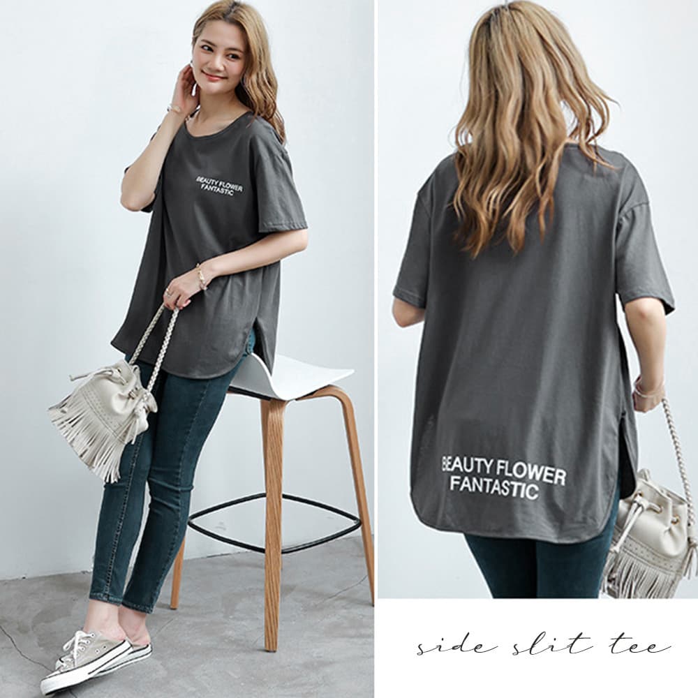 白Tシャツ 文字ロゴ白シャツ レディース サイドスリット韓国風