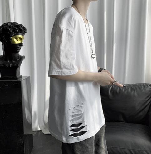 白Tシャツ メンズ白半袖ダメージ加工クルーネック半袖