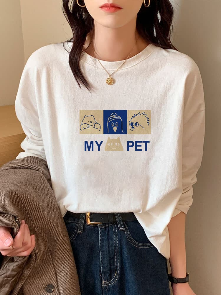 白Tシャツ レディース 優しい肌触り動物イラスト長袖