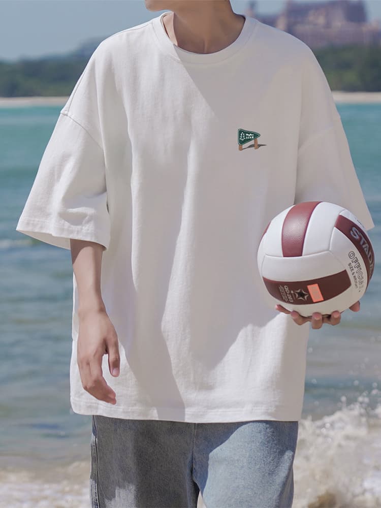 白Tシャツ メンズ ゆったり半袖スポーツ刺繍入りシャツ