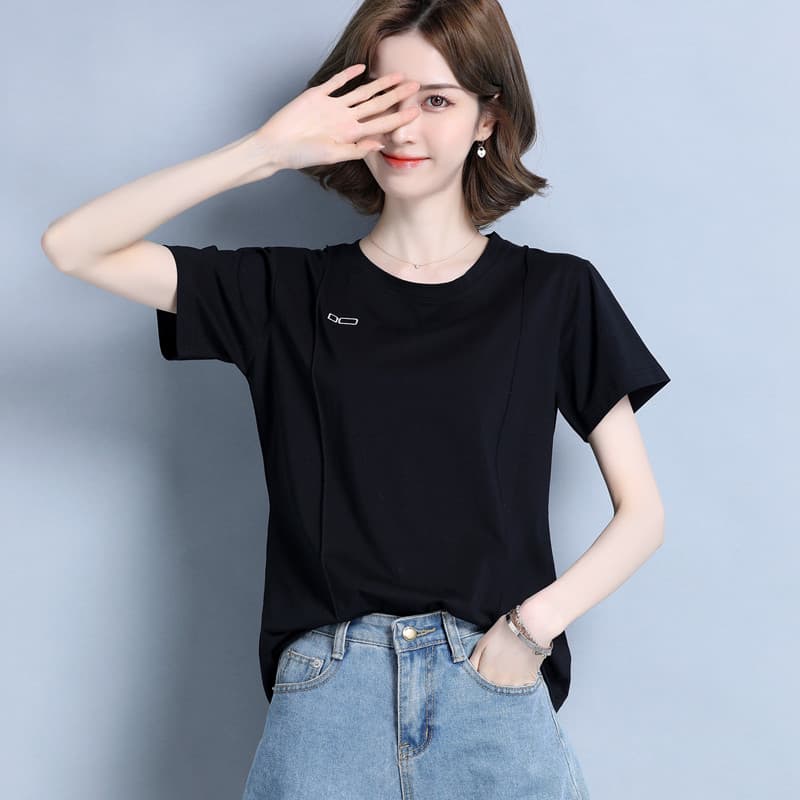 白Tシャツ レディース シンプル丸首ワンポイント半袖