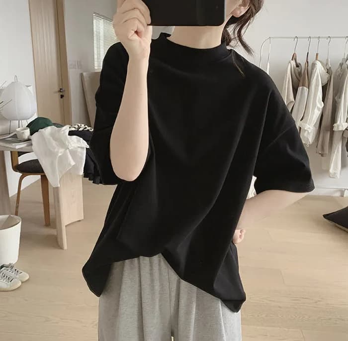 白Tシャツ ２０２４新作レディースプチハイネック白無地半袖ゆったり