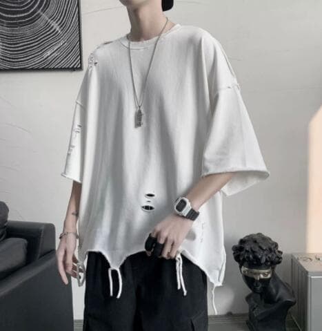 メンズ 白Tシャツ 半袖 ダメージ加工 オーバーサイズ