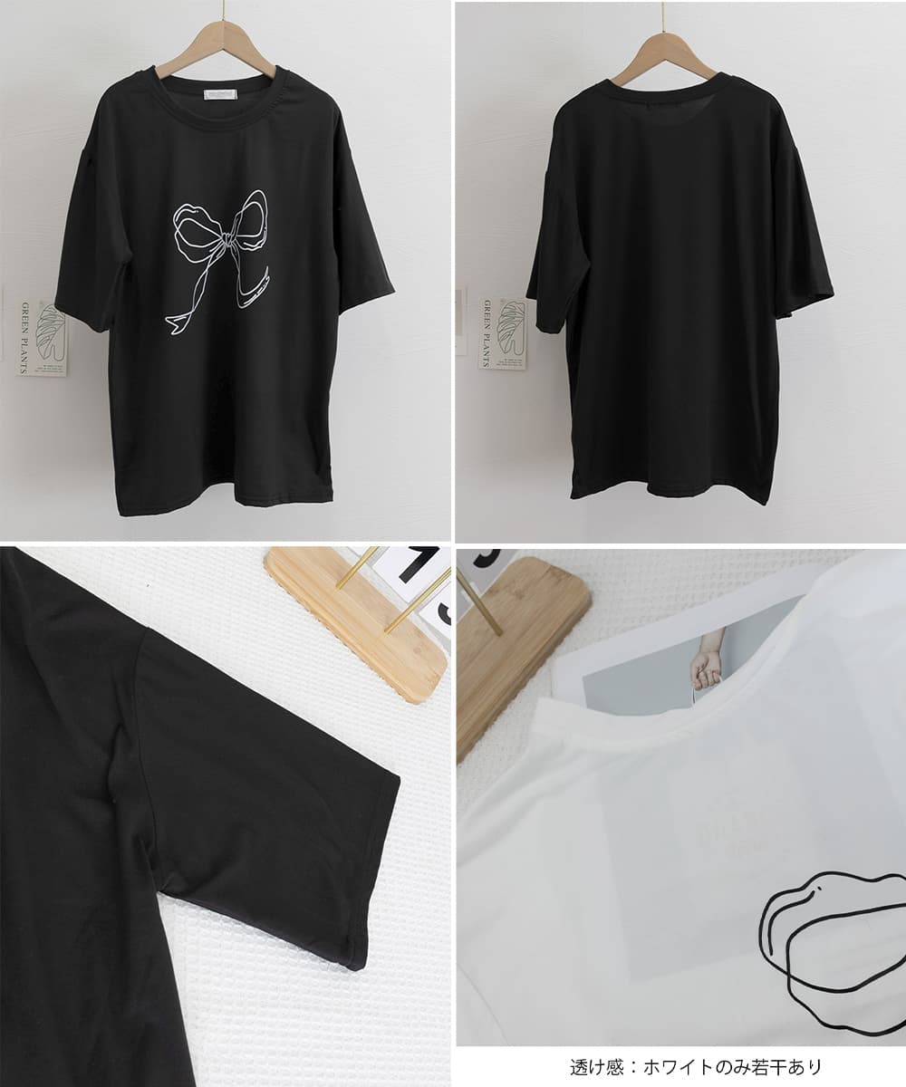 白Tシャツ リボンプリント半袖Tシャツ レディース 白T