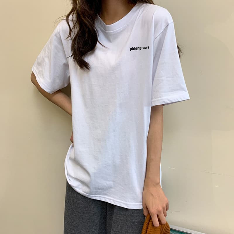 白Tシャツ レディース シンプル文字入りゆったりロゴ半袖