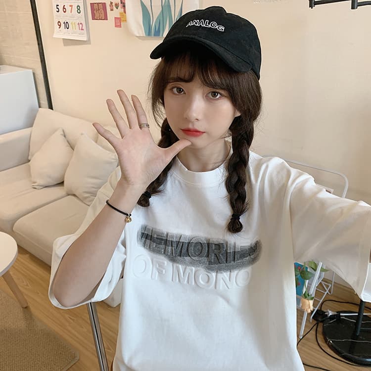 白Tシャツ プリントロゴ半袖白ティーシャツ体型カバーゆったり大きめサイズ