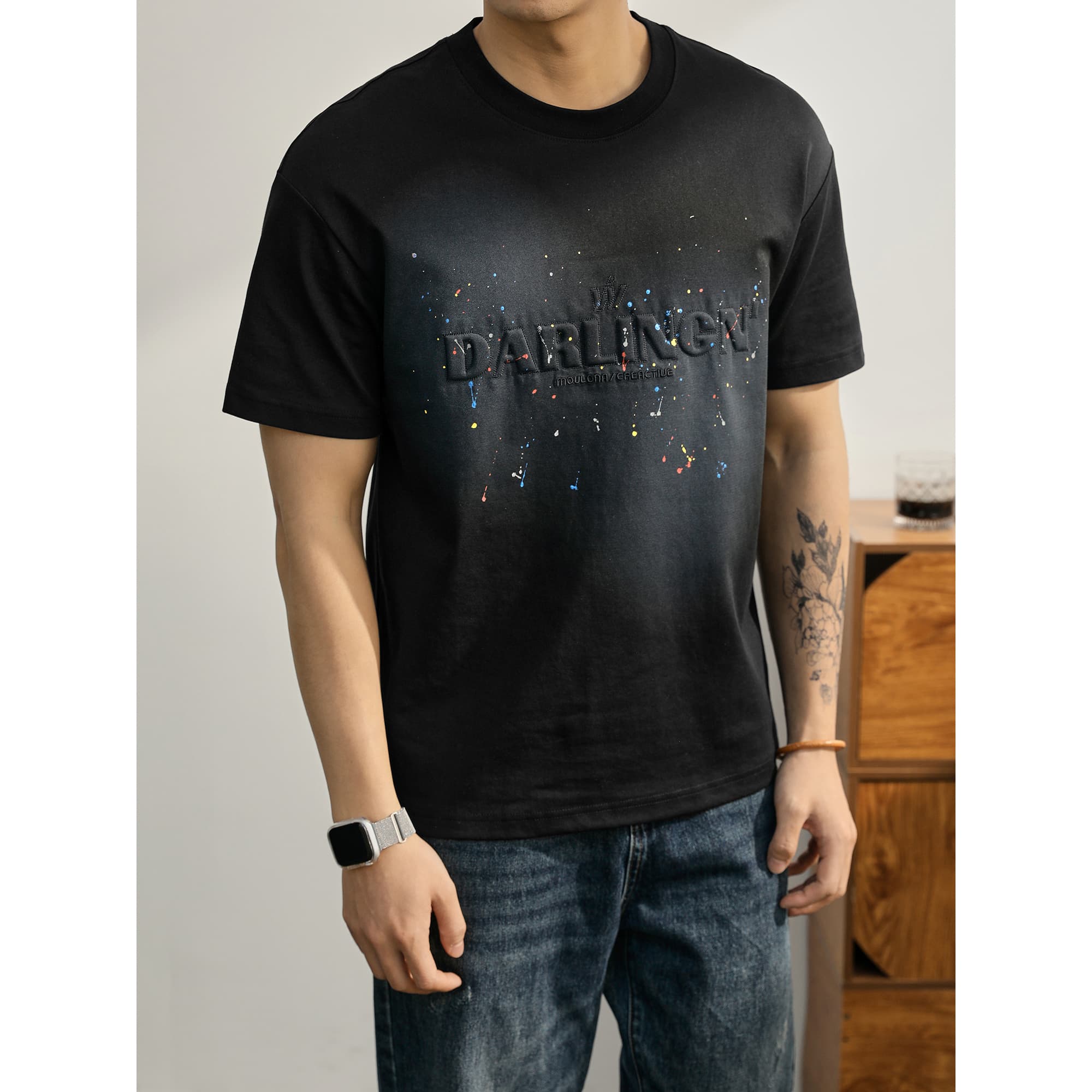 白Tシャツ メンズ 立体刺繍入り 飛沫模様カジュアル半袖
