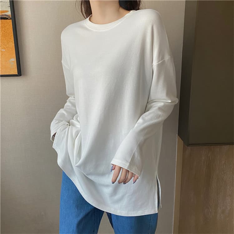 白Tシャツ レディース白長袖シャツ スリット入りロング丈カジュアルトップス
