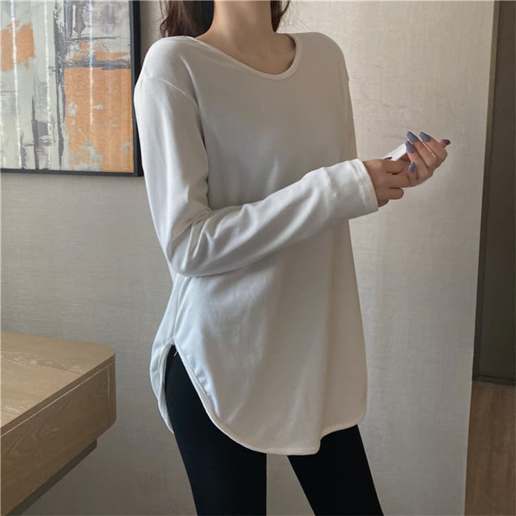 白Tシャツ レディース白長袖シャツ スリット入りロング丈カジュアルトップス