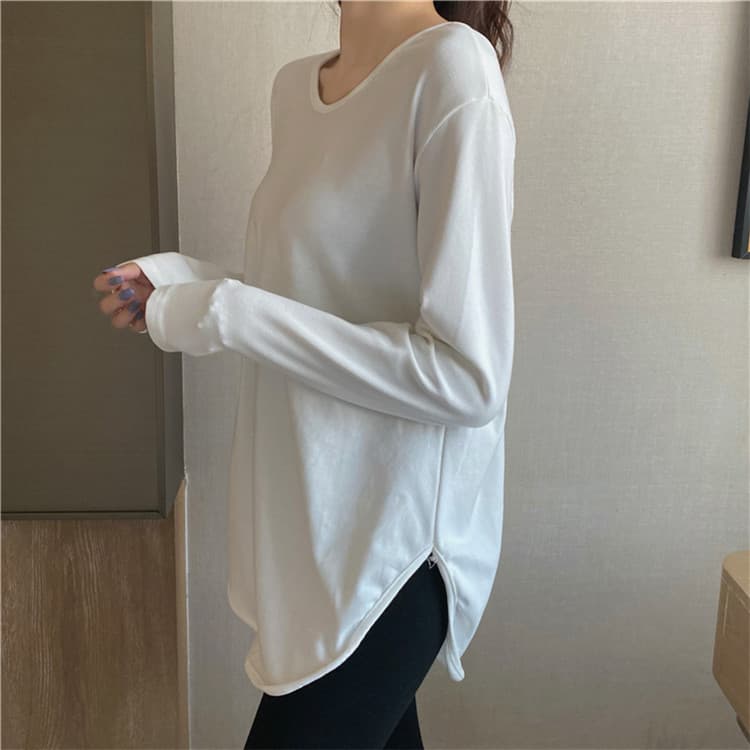 白Tシャツ レディース白長袖シャツ スリット入りロング丈カジュアルトップス
