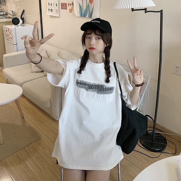 白Tシャツ プリントロゴ半袖白ティーシャツ体型カバーゆったり大きめサイズ