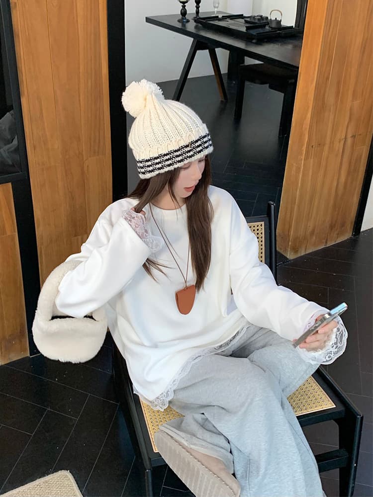 白Tシャツ レース裾白長袖カットソー ゆるふわフェミニン