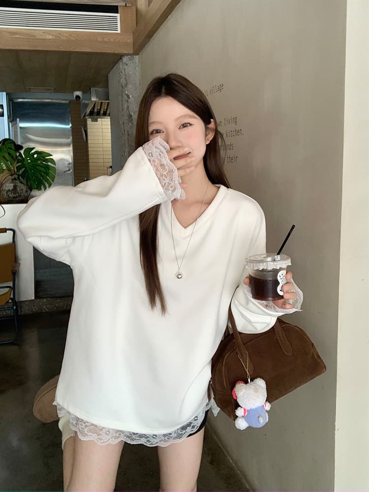 白Tシャツ レース裾白長袖カットソー ゆるふわフェミニン