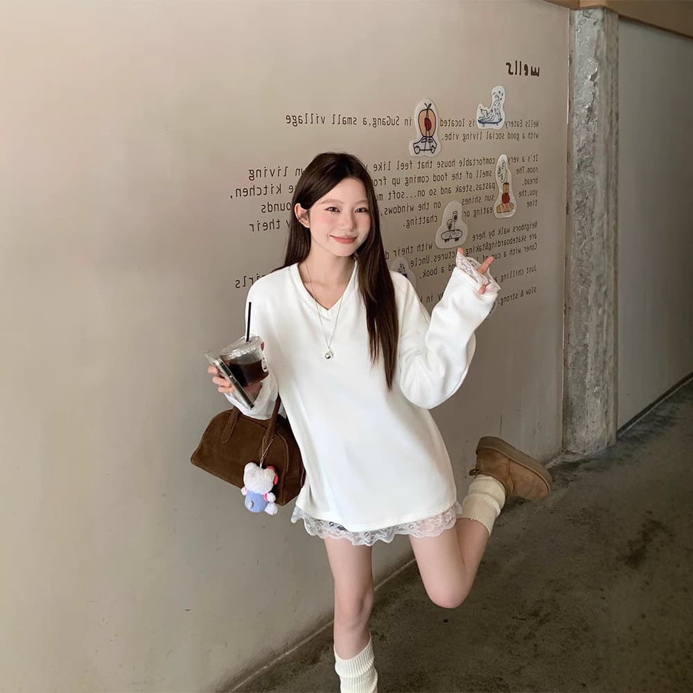 白Tシャツ レース裾白長袖カットソー ゆるふわフェミニン