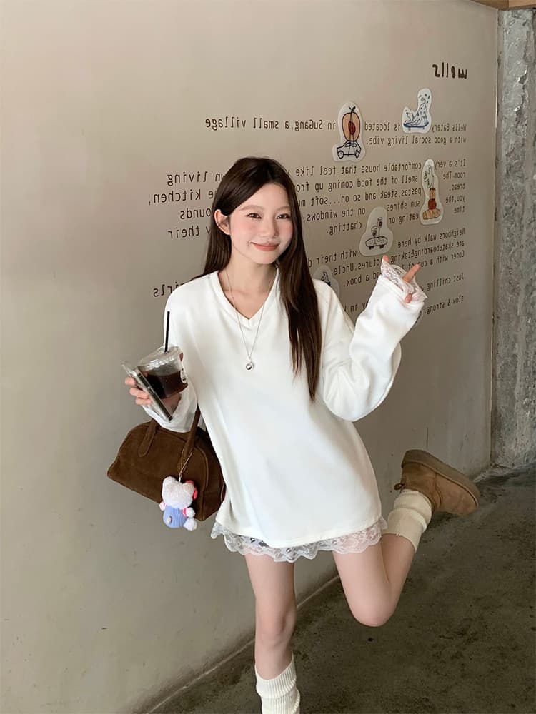 白Tシャツ レース裾白長袖カットソー ゆるふわフェミニン