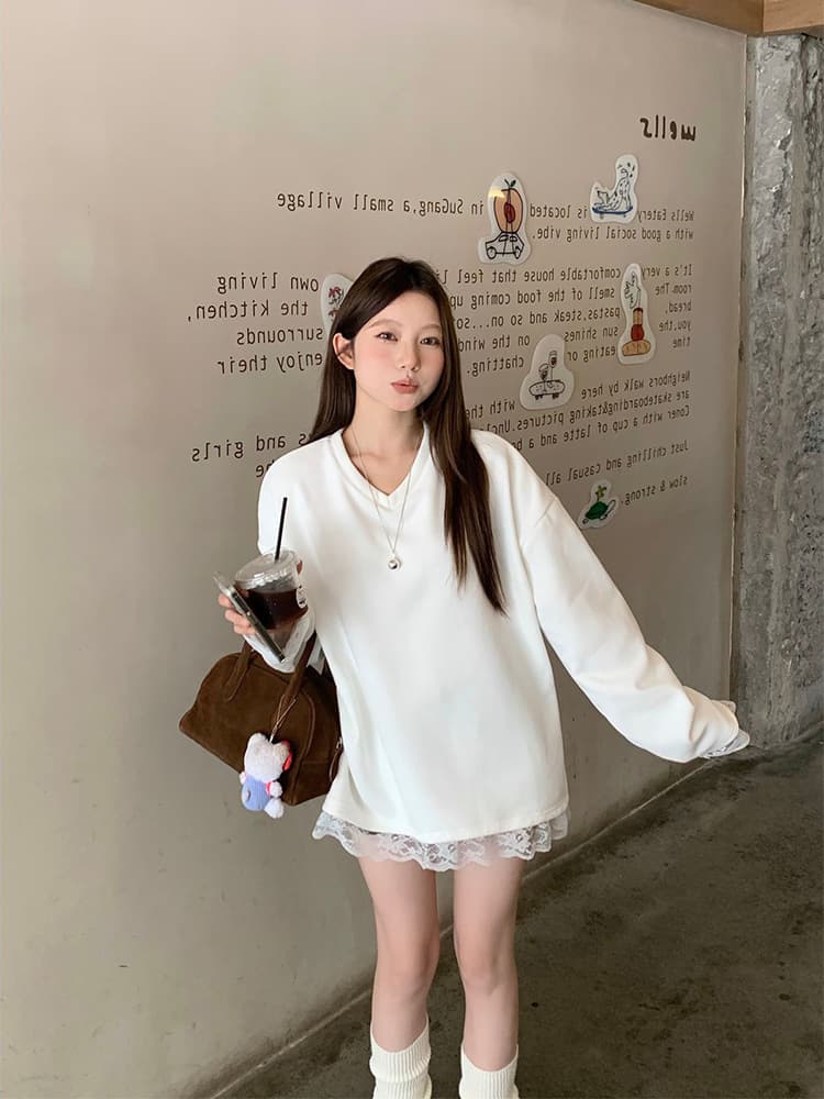 白Tシャツ レース裾白長袖カットソー ゆるふわフェミニン