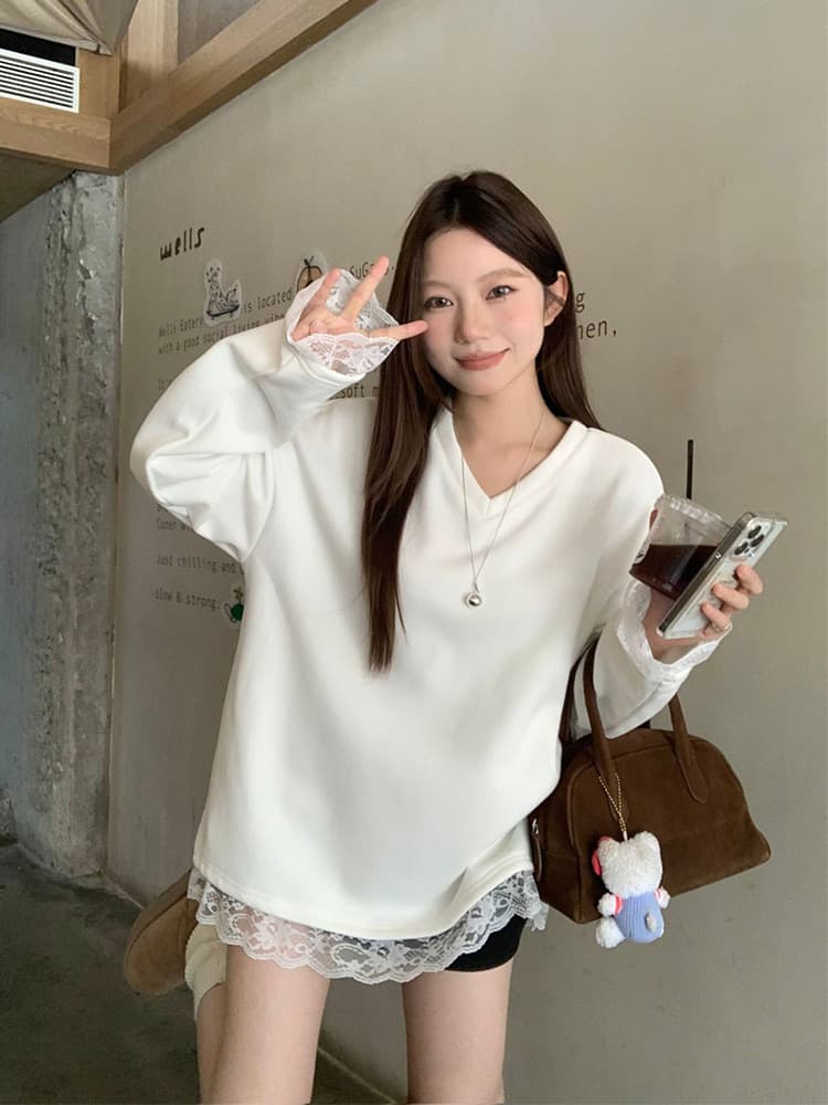 白Tシャツ レース裾白長袖カットソー ゆるふわフェミニン