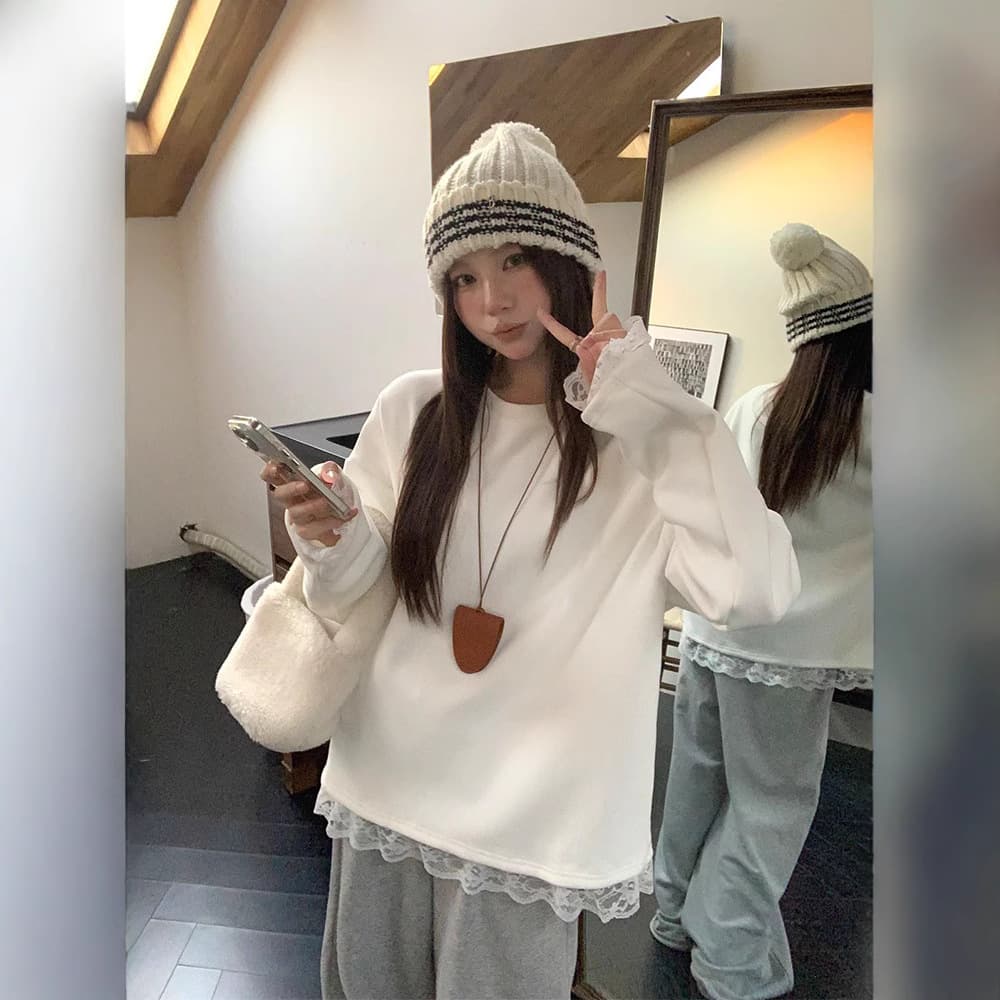 白Tシャツ レース裾白長袖カットソー ゆるふわフェミニン