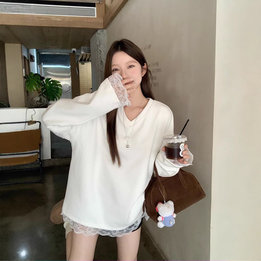 白Tシャツ レース裾白長袖カットソー ゆるふわフェミニン