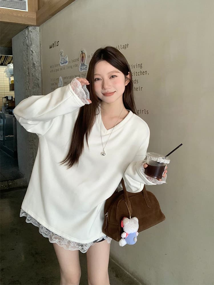 白Tシャツ レース裾白長袖カットソー ゆるふわフェミニン