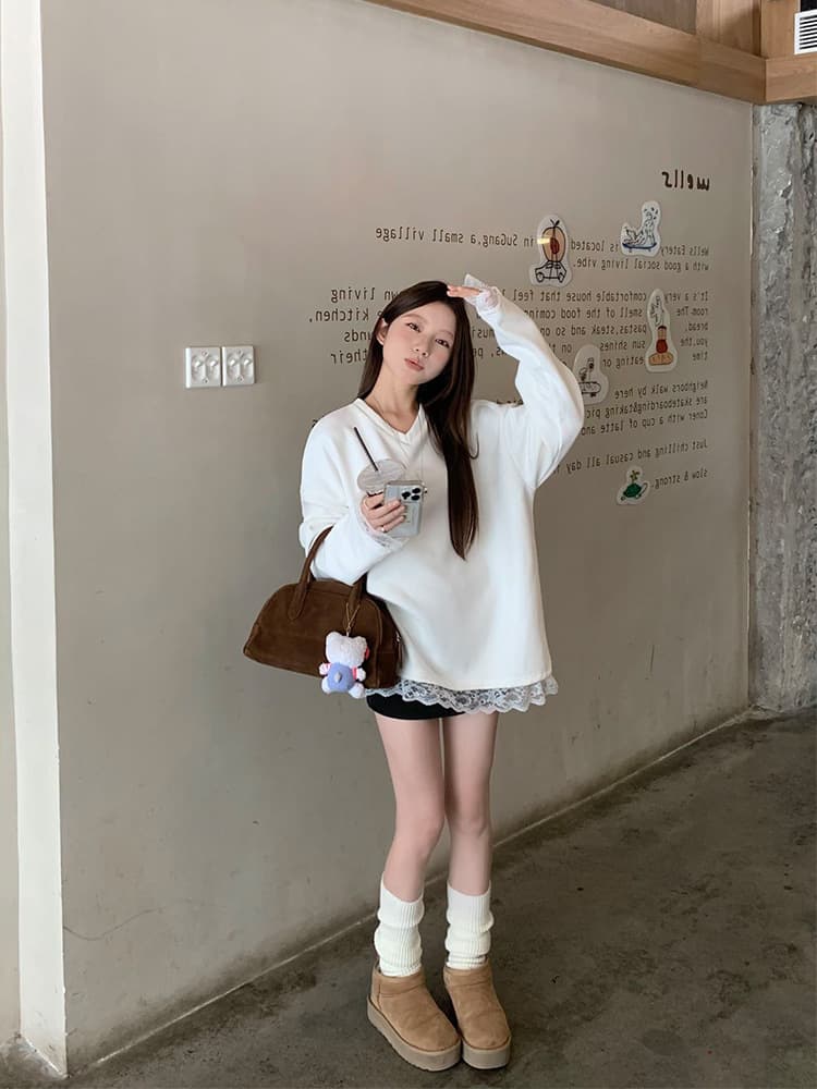 白Tシャツ レース裾白長袖カットソー ゆるふわフェミニン
