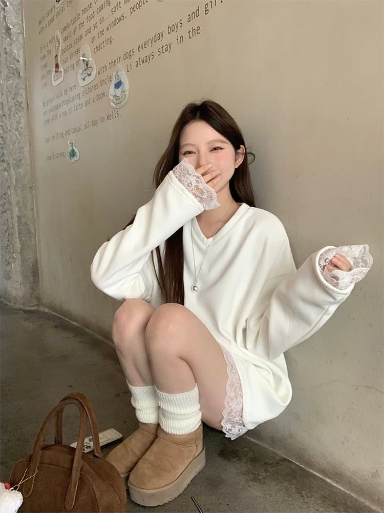 白Tシャツ レース裾白長袖カットソー ゆるふわフェミニン
