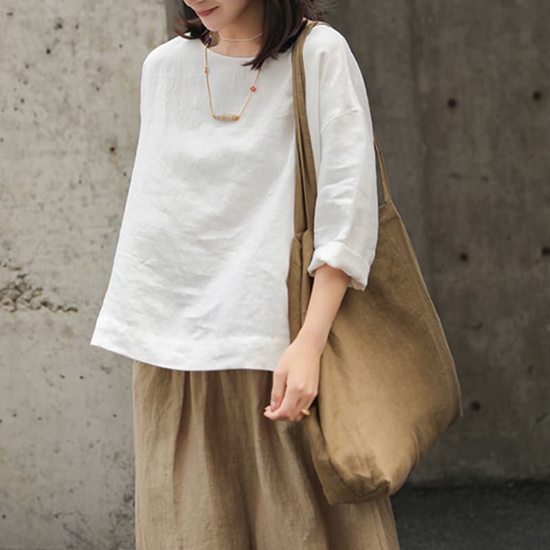 麻風ゆったり袖白Tシャツ