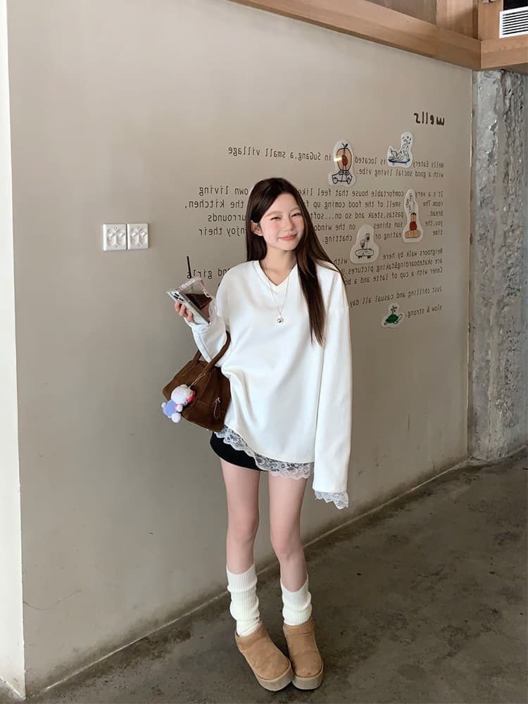 白Tシャツ レース裾白長袖カットソー ゆるふわフェミニン