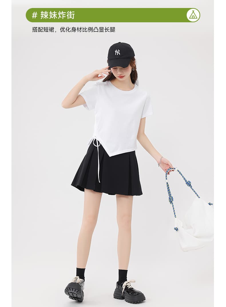 白Tシャツ サイドリボン 非対称裾デザイン Tシャツ