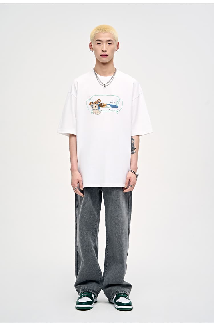 白Tシャツ メンズ くつろぐわんこイラスト半袖
