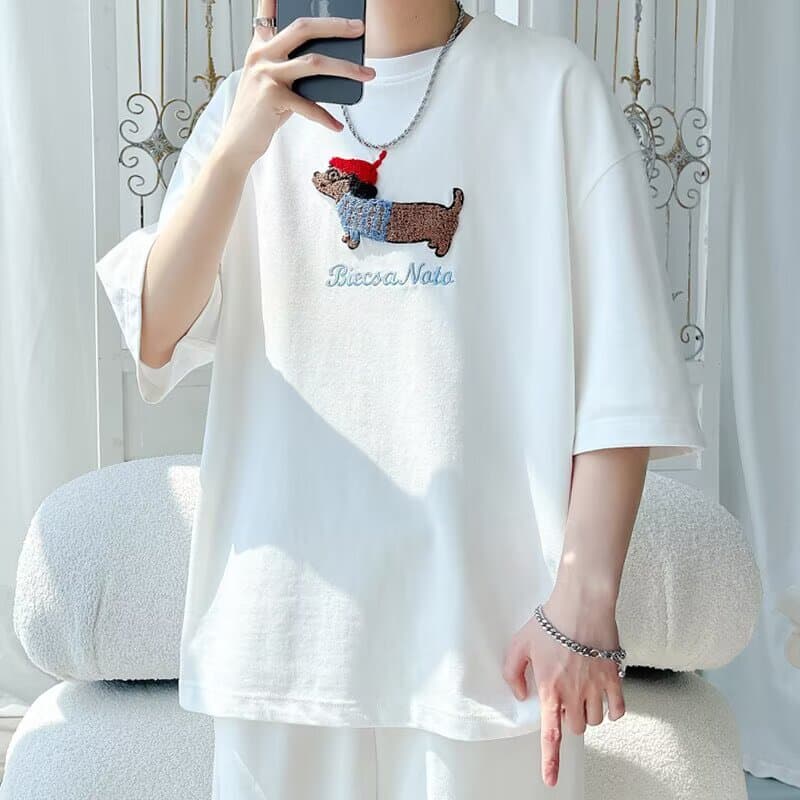 白Tシャツ メンズ ダックス刺繍ゆったり七分袖