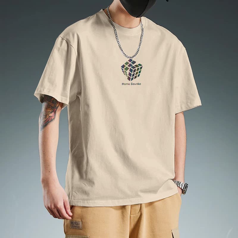 白Tシャツ メンズ 立体パズル図柄 クルーネック半袖